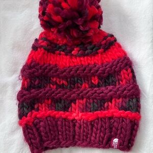The North Face Red and Purple Knit Pom-Pom Beanie